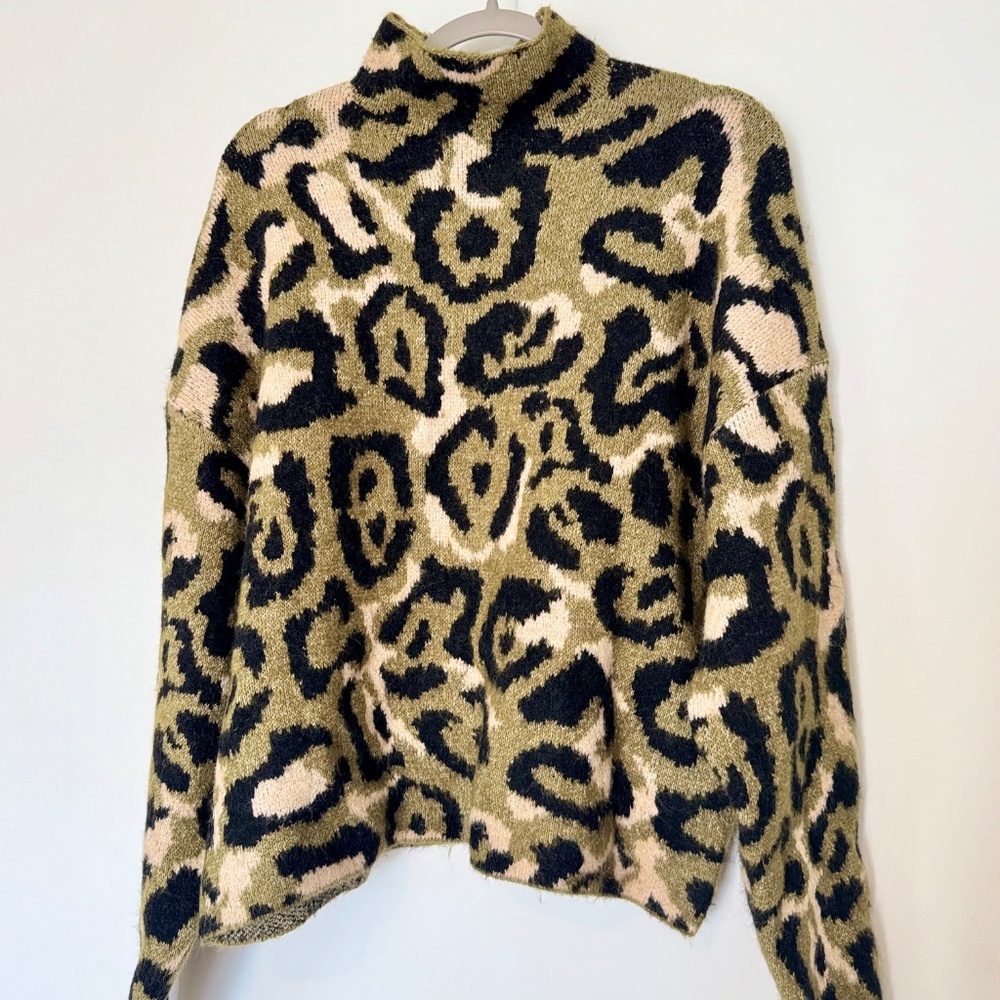Zara Medium Green Leopard Funnel Neck Oversized Sweater